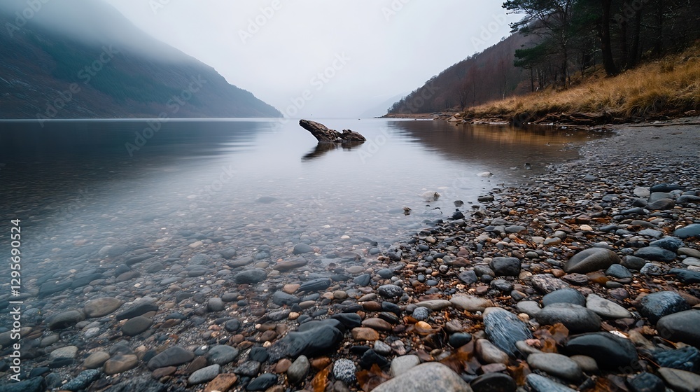 Poster serene foggy landscape of a calm lake with pebbles and hills in a tranquil natural setting : generat