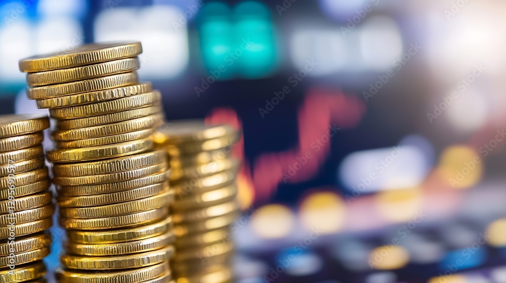 Poster stacks of coins glimmering in a light with a stock market background showing financial growth : gene
