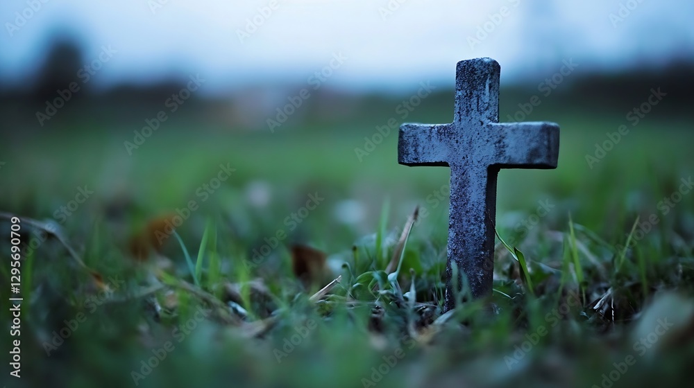 Poster small weathered cross stands prominently in a serene green field under a cloudy sky : generative ai