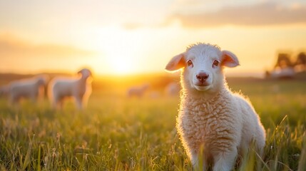 Adorable fluffy lamb standing in a field at sunset surrounded by other sheep grazing peacefully : Generative AI