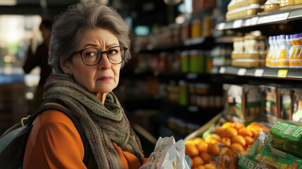 An elderly woman chooses fresh vegetables and fruits in grocery store. Financial crisis, high cost, expensive products