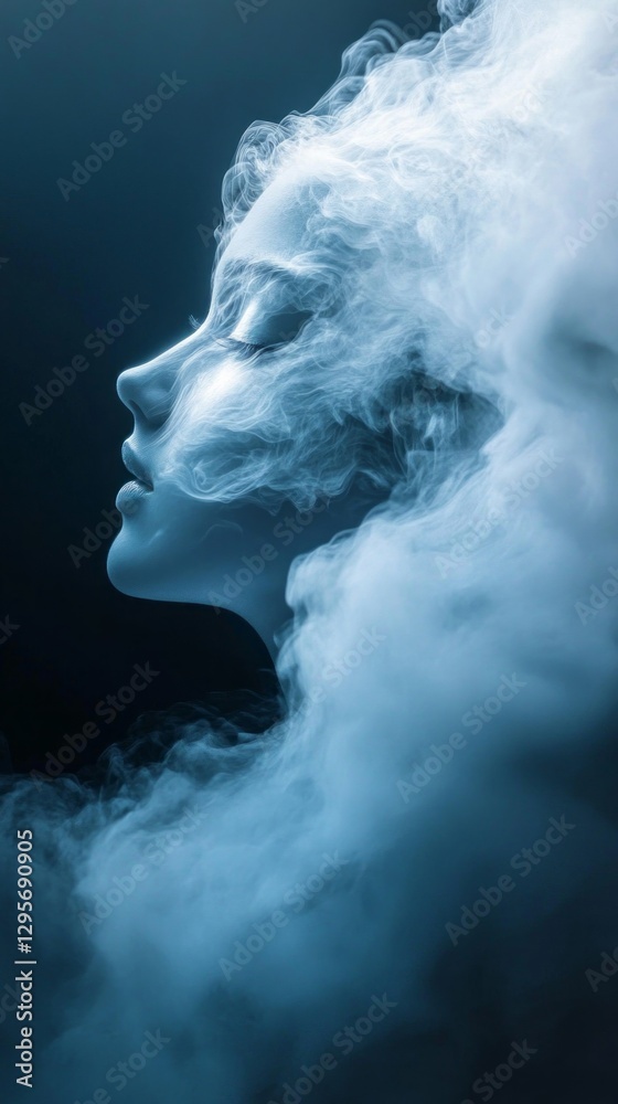 Poster A serene face appears gently within a misty cloud, illuminated by soft light. The tranquil expression reflects peace and mystery, creating an enchanting atmosphere