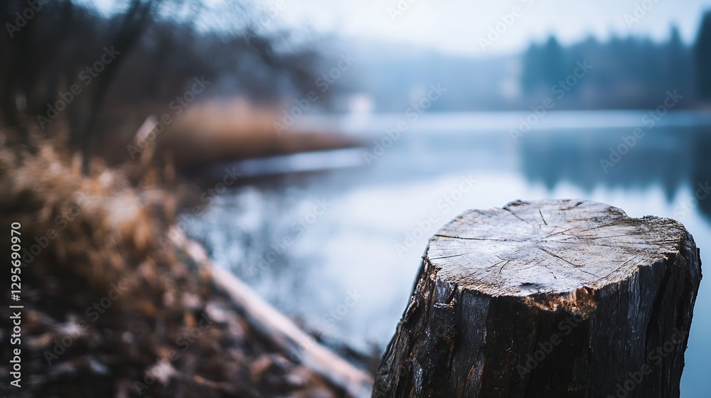 Aufkleber tranquil lakeside scene showcasing a rustic tree stump by the calm waters in a misty atmosphere : ge