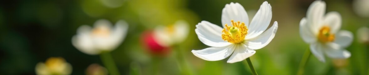 White corolla and yellow stamens in a garden with other flowers, blossoms, flowers