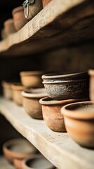 Rustic pottery shelves in warm light