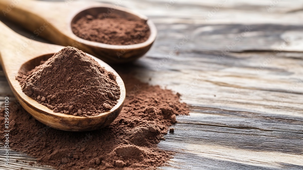 Poster Dark fine cocoa powder and raw cacao in wooden spoons on rustic wooden background capturing rich texture and color : Generative AI