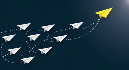 A yellow paper airplane leads a group of white airplanes on a dark blue background, symbolizing leadership