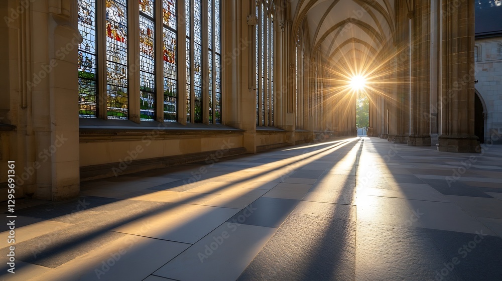 Poster beautiful sunlight streaming through stained glass windows in historic architecture : generative ai