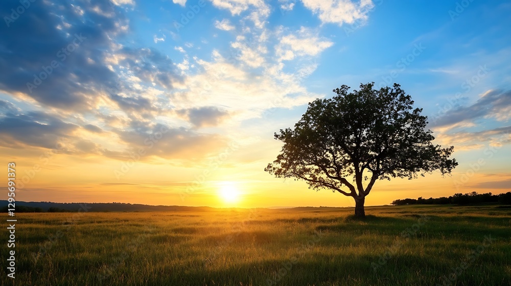 Poster stunning sunset over a tranquil field with a lone tree creating a picturesque landscape scene : gene