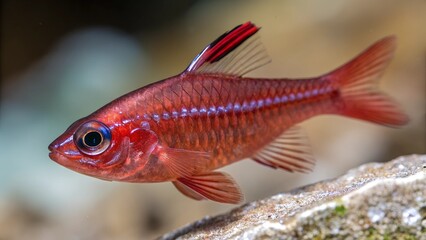 Obraz premium Crimson Cardinal Tetra: A captivating close-up of a Cardinal Tetra showcases its vibrant crimson body, elegant fins, and striking iridescent stripe, set against a blurred underwater backdrop.