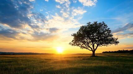 Fototapeta premium Stunning sunset over a tranquil field with a lone tree creating a picturesque landscape scene : Generative AI