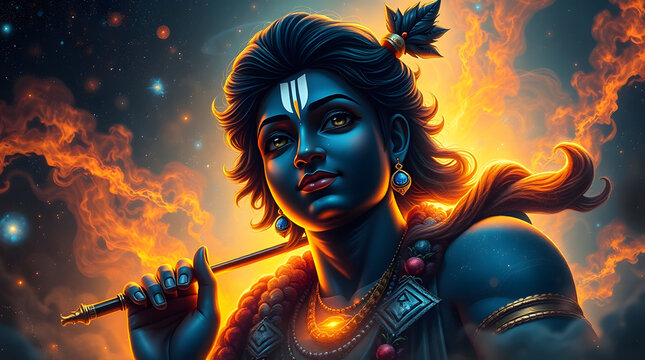 A futuristic sci-fi style digital painting with an extreme macro close-up of Lord Krishna playing his flute. Advanced technology and space elements surround him