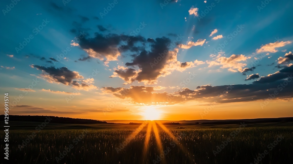Poster stunning sunset over rolling hills with rays of light and majestic clouds in beautiful colors : gene