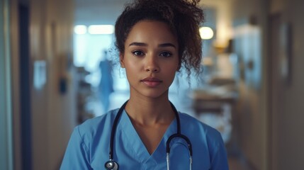 Obraz premium Young female healthcare professional in scrubs with stethoscope, standing in hospital hallway, confident expression, medical environment, warm lighting