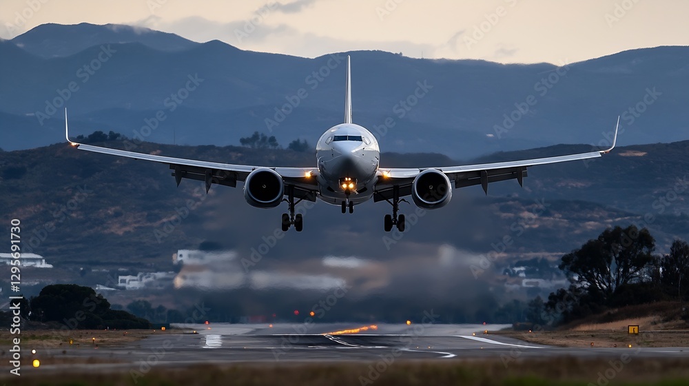 Poster commercial airplane landing on runway with mountains in background during sunset : generative ai