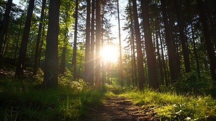 Obraz premium Sunlight Streaming Through Trees in a Lush Green Forest Creating a Magical Atmosphere : Generative AI