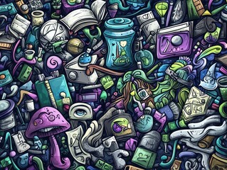 Fototapeta premium A vibrant tapestry woven with whimsical doodle shapes and objects, rendered in a captivating gradient texture. The abstract, quirky style exudes a playful energy, inviting viewers to embrace 