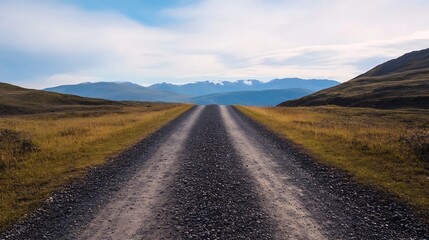 Wide gravel road stretching through beautiful green hills under a scenic sky : Generative AI