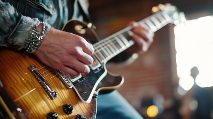 Obraz premium Talented guitarist passionately playing electric guitar during a live performance with focus on hands : Generative AI