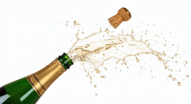 Champagne bottle being opened, the cork flying out and the liquid spraying, with a white background. - Powered by Adobe