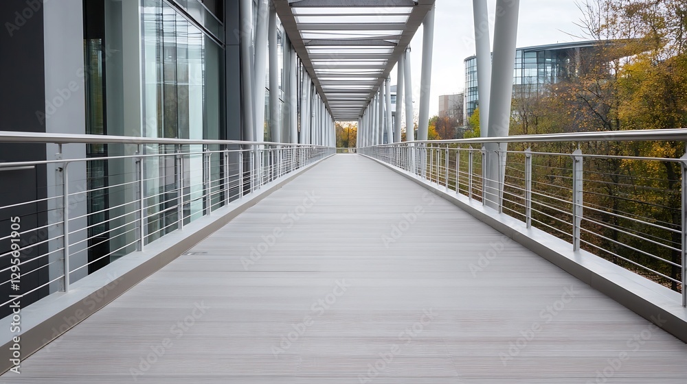 Poster Elegant empty walkway lined with modern architecture and autumn trees : Generative AI