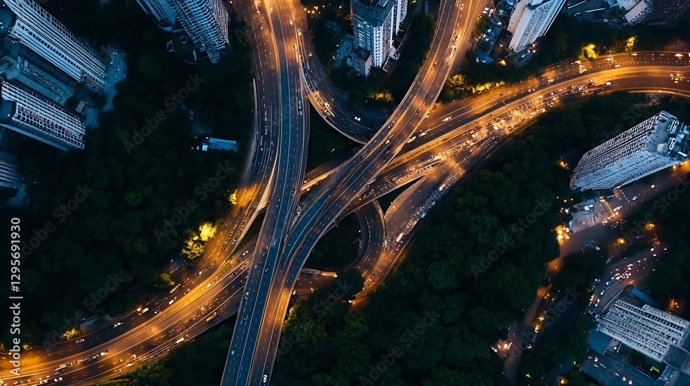 Aufkleber aerial view of a busy highway interchange at night illuminated by city lights : generative ai