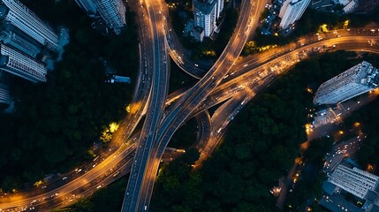 Aerial view of a busy highway interchange at night illuminated by city lights : Generative AI