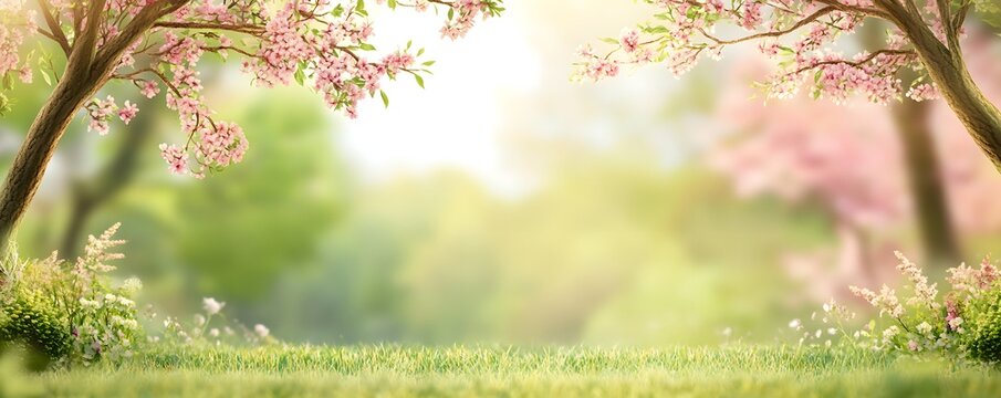 Blossoming trees create a vibrant and inviting spring meadow scene