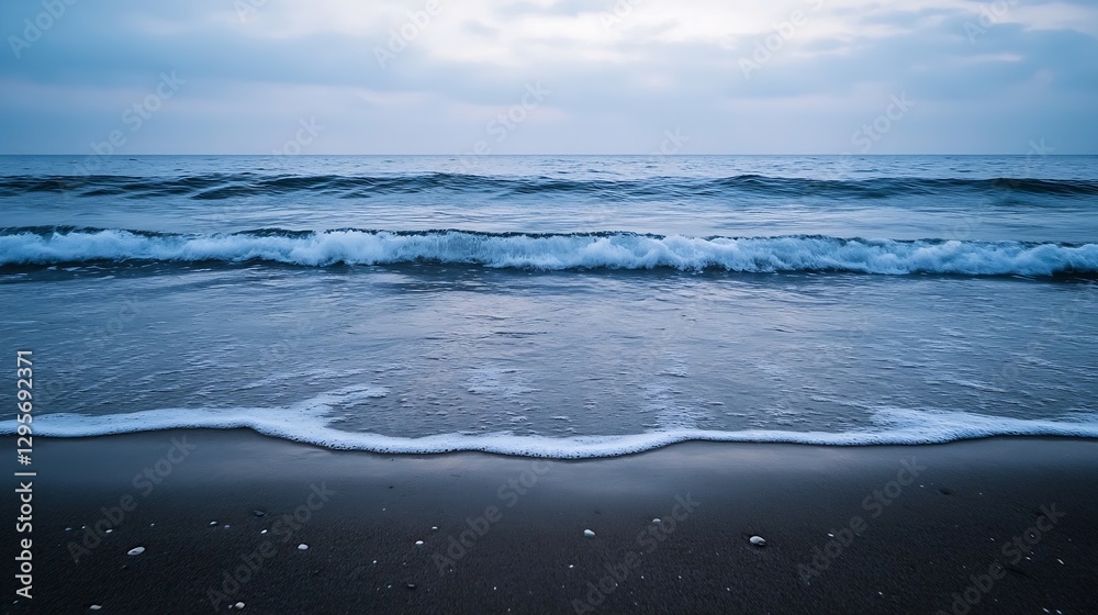 Poster calm ocean waves gently lapping on sandy shore under a cloudy sky : generative ai
