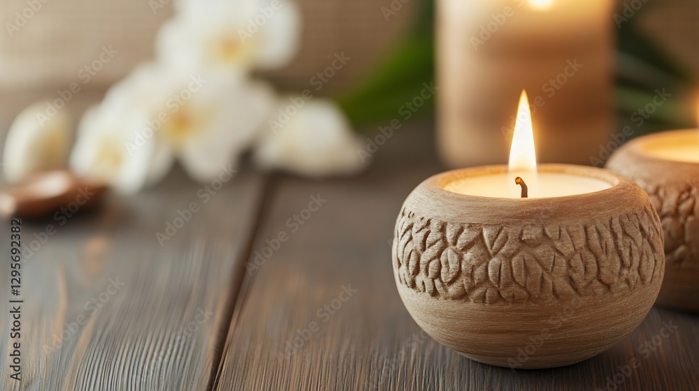 Aufkleber Natural Aromatic Candle in Elegant Clay Holder with Warm Glow and Soft Background Elements : Generative AI