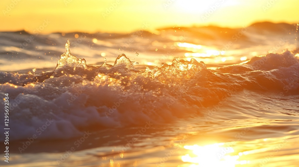 Poster stunning close up view of ocean waves sparkling in golden sunset light : generative ai