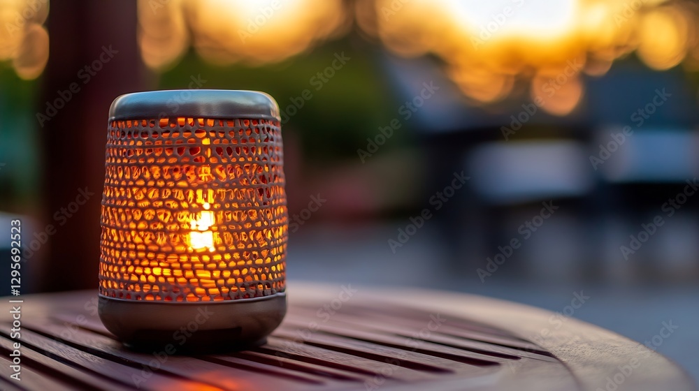 Poster stylish wicker lantern with glowing candle on wooden table against sunset backdrop : generative ai