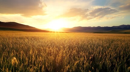Fototapeta premium Stunning Sunrise Over Wheat Field with Beautiful Cloudy Sky and Golden Glow : Generative AI