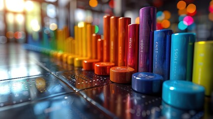 Colorful, vibrant bar graph on a modern, metallic surface, showcasing growth and progress.