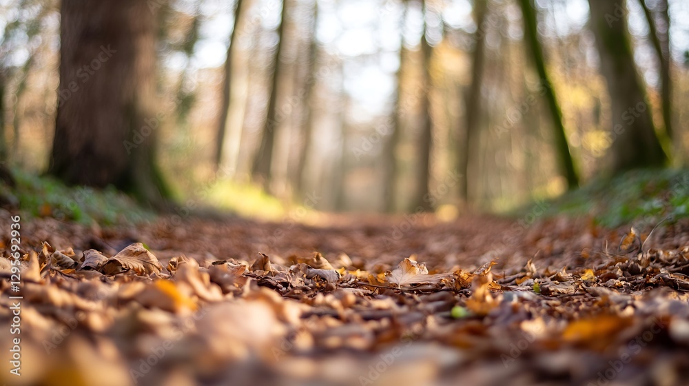 Poster Autumn pathway covered with colorful leaves creating a serene woodland scene : Generative AI