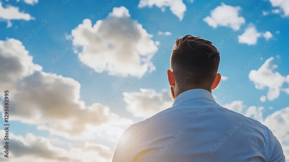 Poster man in formal shirt gazing into the vast sky filled with clouds during a bright sunny day : generati