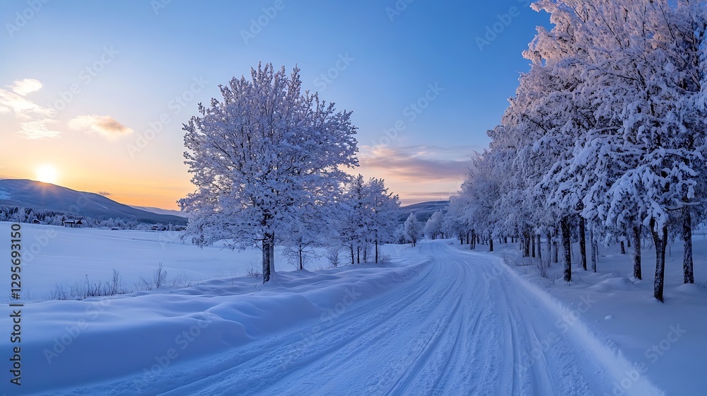 Poster serene winter landscape with snow covered trees and a tranquil path illuminated by the soft glow of 