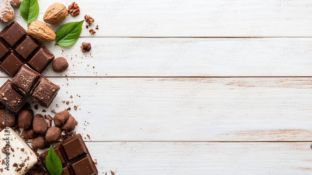 Poster delicious assortment of dark chocolate pieces and nuts arranged elegantly on modern wooden table wit
