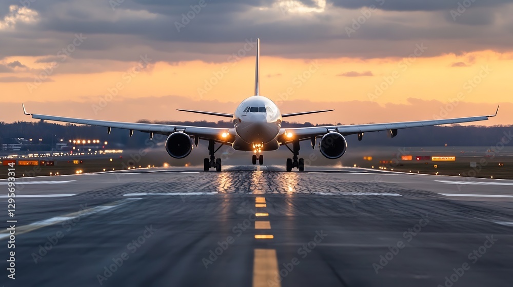 Poster passenger airplane ready for takeoff on airstrip during stunning sunset with illuminated runway ligh
