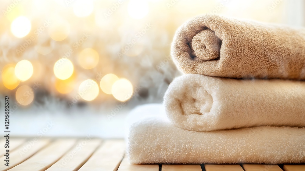 Poster Rolled towels stacked neatly in a tranquil spa setting with soft bokeh : Generative AI