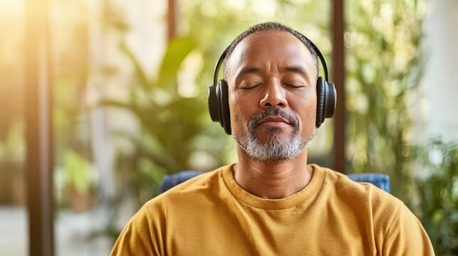 Man serenely listens to music with headphones eyes closed