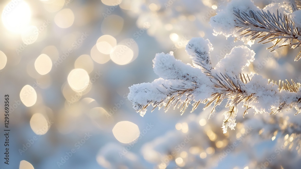 Poster Close up of frosty tree branches with sparkling ice and blurred golden bokeh in winter sunlight : Generative AI