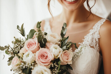 Naklejka premium A charming shot of a wedding photographer engaging with a couple's joyful moments.