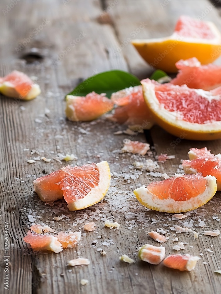 Poster fresh grapefruit pieces sprinkled with coarse salt on a rustic wooden table : generative ai