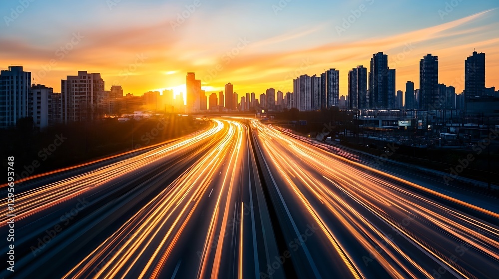 Poster dynamic cityscape at sunset capturing the movement of traffic along a busy highway with highrise bui