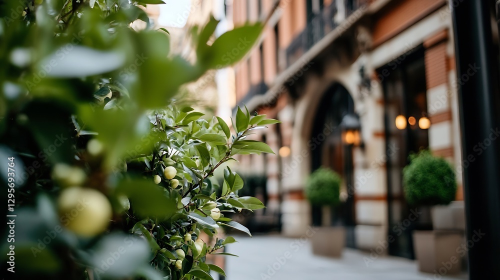 Aufkleber Beautiful Green Shrubbery and Architectural Background in Urban Setting : Generative AI