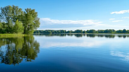 Obraz premium Stunning view of a peaceful lake surrounded by trees reflecting the clear blue sky : Generative AI