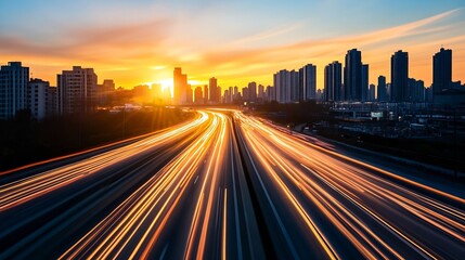 Dynamic cityscape at sunset capturing the movement of traffic along a busy highway with highrise buildings : Generative AI