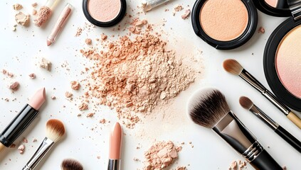 Makeup products scattered on white background