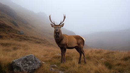 Majestic stag roaming foggy highlands nature tranquil scene
